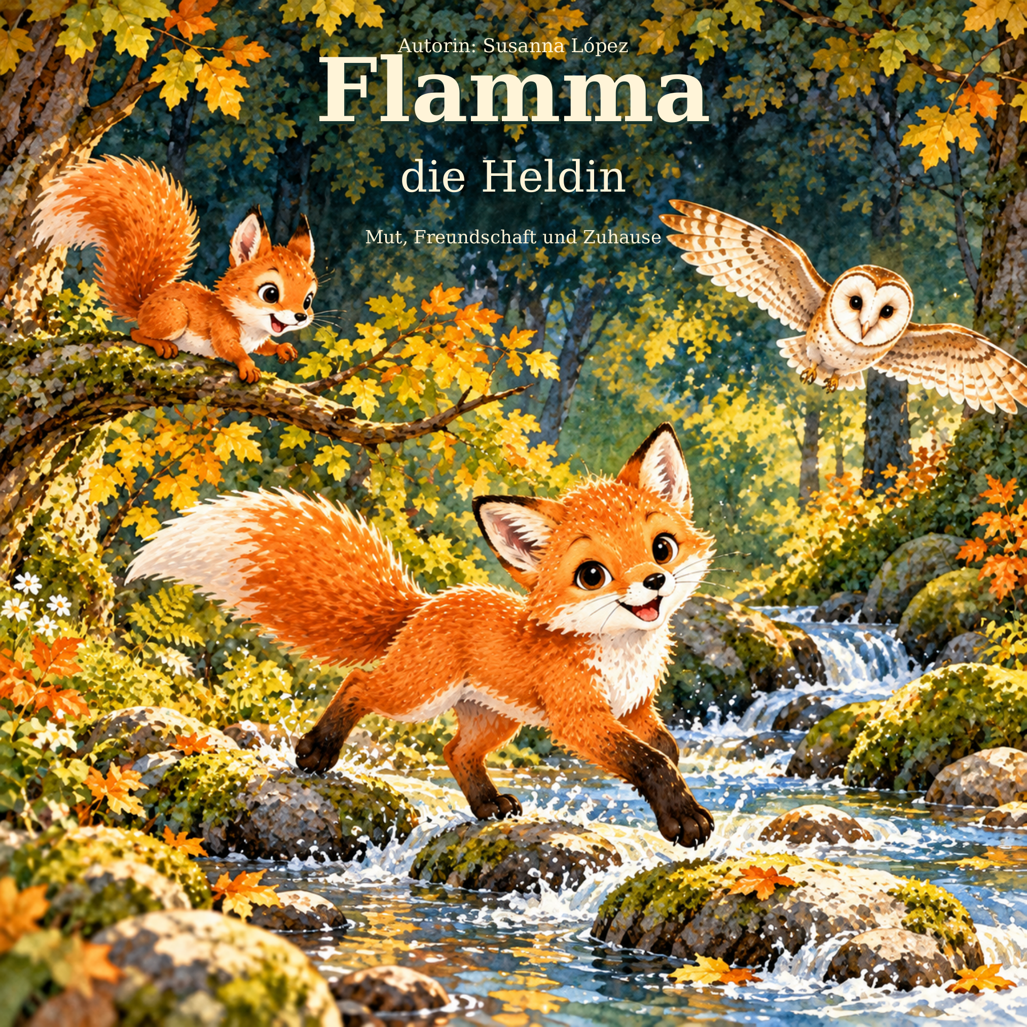 Buchcover: Flamma springt durch einen Waldbach; Eichhörnchen und Eule begleiten sie