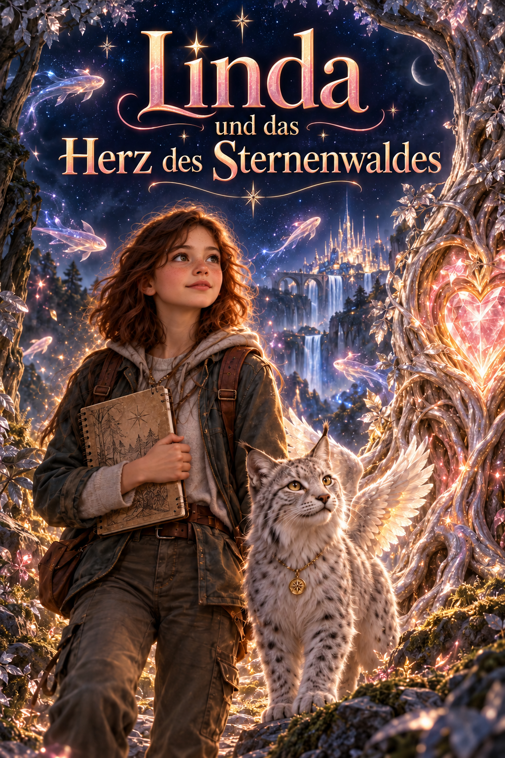 Titelbild von Lindas Buch: Eine fiktive Kinderfigur mit einem geflügelten Luchs im Sternenwald