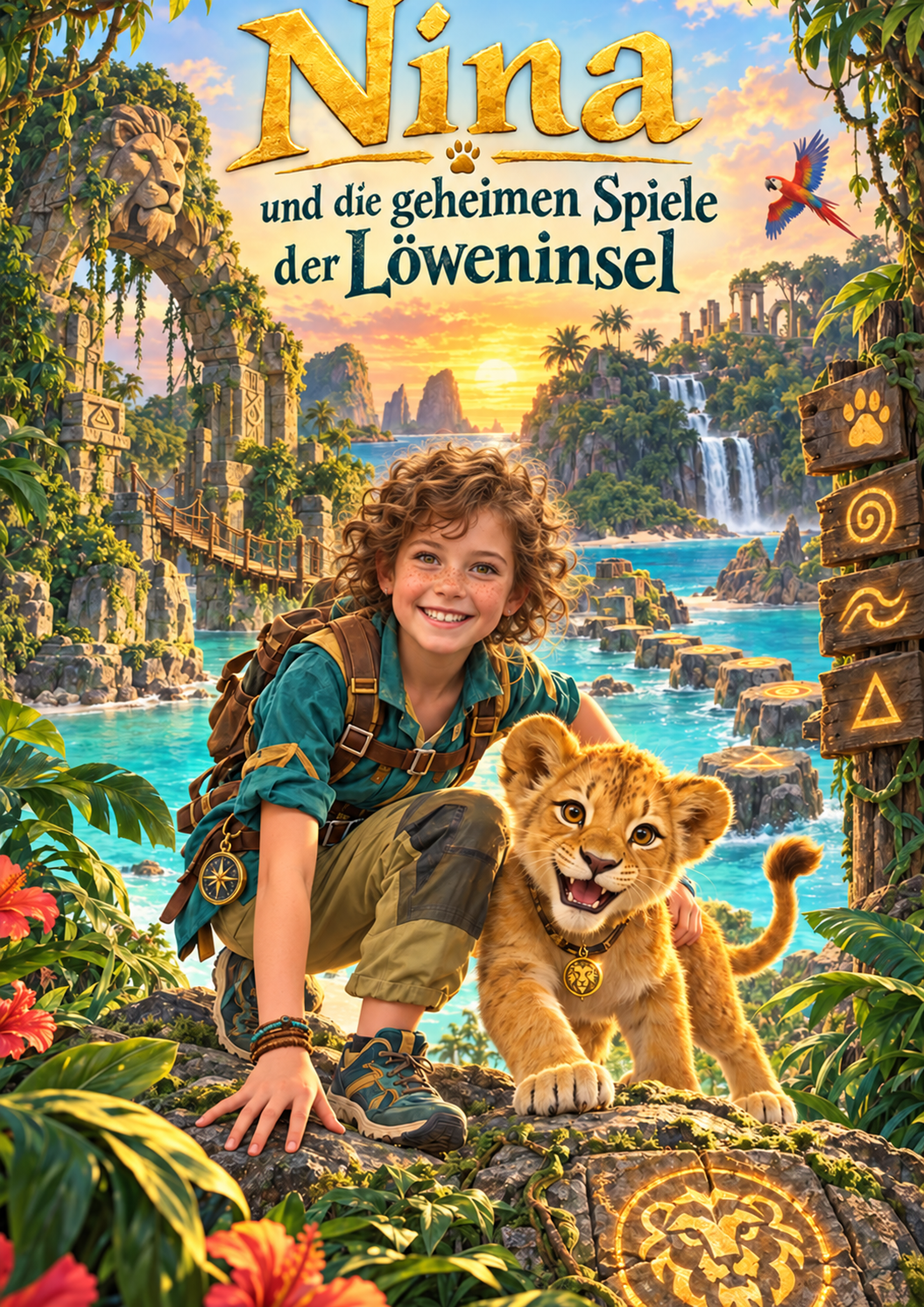 Titelbild von Ninas Buch: Eine fiktive Kinderfigur mit einem Löwenjungen auf einer tropischen Insel